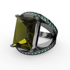 Peridot ve yeşil kuvars 925 ayar siyah rodyum kaplama gümüş yüzük