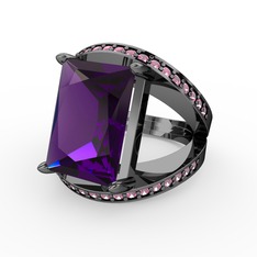 Reyala Yüzük - Ametist ve pembe kuvars 925 ayar siyah rodyum kaplama gümüş yüzük #1ihd56k