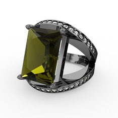 Peridot ve swarovski 925 ayar siyah rodyum kaplama gümüş yüzük