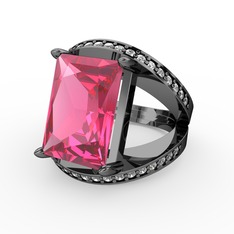 Reyala Yüzük - Pembe kuvars ve pırlanta 925 ayar siyah rodyum kaplama gümüş yüzük (0.6 karat) #1mk2kcs