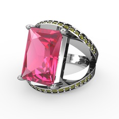 Reyala Yüzük - Pembe kuvars ve peridot 8 ayar beyaz altın yüzük #1pf1cq0