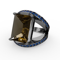 Reyala Yüzük - Dumanlı kuvars ve lab safir 925 ayar siyah rodyum kaplama gümüş yüzük #1qe1p14