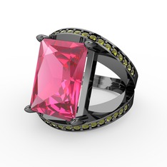 Pembe kuvars ve peridot 925 ayar siyah rodyum kaplama gümüş yüzük