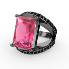 Pembe kuvars ve siyah zirkon 925 ayar siyah rodyum kaplama gümüş yüzük