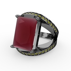 Kök yakut ve peridot 925 ayar siyah rodyum kaplama gümüş yüzük