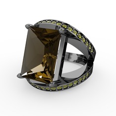 Dumanlı kuvars ve peridot 925 ayar siyah rodyum kaplama gümüş yüzük