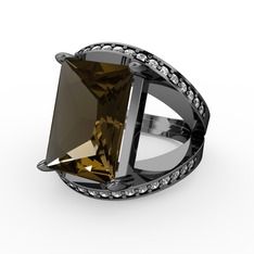 Reyala Yüzük - Dumanlı kuvars ve pırlanta 925 ayar siyah rodyum kaplama gümüş yüzük (0.6 karat) #ak6fdk