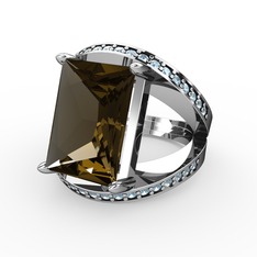 Dumanlı kuvars ve akuamarin 14 ayar beyaz altın yüzük