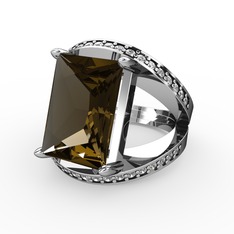 Reyala Yüzük - Dumanlı kuvars ve pırlanta 14 ayar beyaz altın yüzük (0.6 karat) #w2go4m
