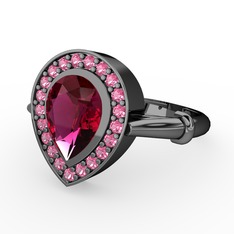 Esinti Yüzük - Rodolit garnet ve pembe kuvars 925 ayar siyah rodyum kaplama gümüş yüzük #13ppyqi