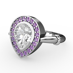 Swarovski ve ametist 14 ayar beyaz altın yüzük