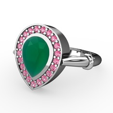 Kök zümrüt ve pembe kuvars 8 ayar beyaz altın yüzük