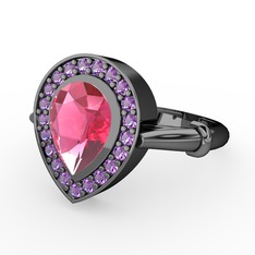Esinti Yüzük - Pembe kuvars ve ametist 925 ayar siyah rodyum kaplama gümüş yüzük #1d9e6t1