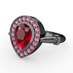 Garnet ve pembe kuvars 925 ayar siyah rodyum kaplama gümüş yüzük