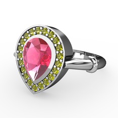 Pembe kuvars ve peridot 14 ayar beyaz altın yüzük