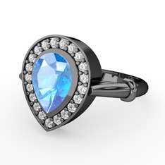 Akuamarin ve swarovski 925 ayar siyah rodyum kaplama gümüş yüzük