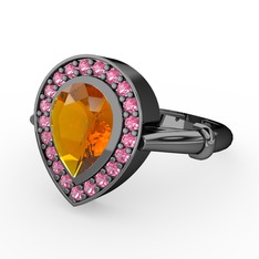 Esinti Yüzük - Sitrin ve pembe kuvars 925 ayar siyah rodyum kaplama gümüş yüzük #lk0xkt