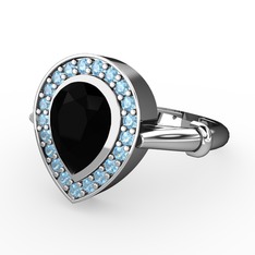 Siyah zirkon ve akuamarin 18 ayar beyaz altın yüzük