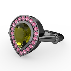 Peridot ve pembe kuvars 925 ayar siyah rodyum kaplama gümüş yüzük