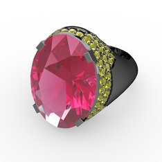 Pembe kuvars ve peridot 925 ayar siyah rodyum kaplama gümüş yüzük