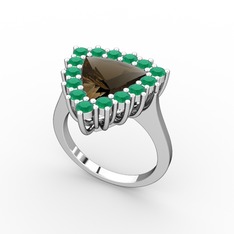 Dumanlı kuvars ve kök zümrüt 14 ayar beyaz altın yüzük