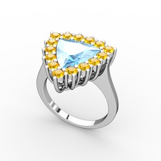 Akuamarin ve sitrin 14 ayar beyaz altın yüzük