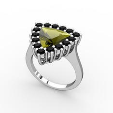 Peridot ve siyah zirkon 8 ayar beyaz altın yüzük