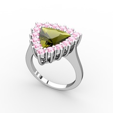 Peridot ve pembe kuvars 14 ayar beyaz altın yüzük