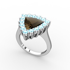 Pralia Yüzük - Dumanlı kuvars ve akuamarin 8 ayar beyaz altın yüzük #i0o8mp