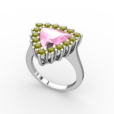 Pembe kuvars ve peridot 8 ayar beyaz altın yüzük