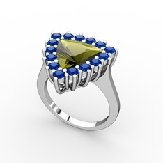 Peridot ve lab safir 14 ayar beyaz altın yüzük
