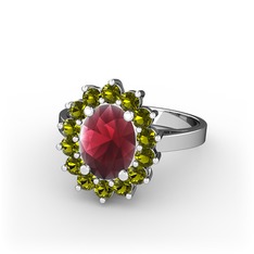 Kök yakut ve peridot 8 ayar beyaz altın yüzük