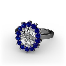 Eda Yüzük - Beyaz zirkon ve lab safir 925 ayar siyah rodyum kaplama gümüş yüzük #12sflgw