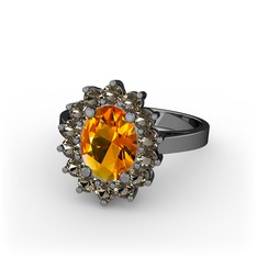 Eda Yüzük - Sitrin ve dumanlı kuvars 925 ayar siyah rodyum kaplama gümüş yüzük #1447n7y