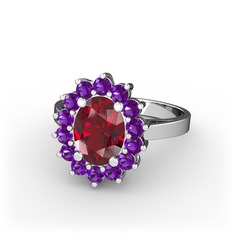Garnet ve ametist 14 ayar beyaz altın yüzük
