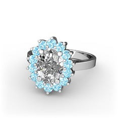 Beyaz zirkon ve akuamarin 14 ayar beyaz altın yüzük