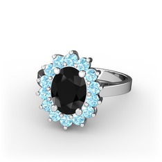 Siyah zirkon ve akuamarin 14 ayar beyaz altın yüzük
