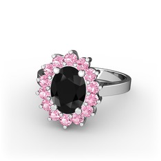 Eda Yüzük - Siyah zirkon ve pembe kuvars 8 ayar beyaz altın yüzük #166kvh5