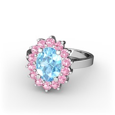Eda Yüzük - Akuamarin ve pembe kuvars 8 ayar beyaz altın yüzük #18bwxcw