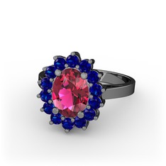 Eda Yüzük - Rodolit garnet ve lab safir 925 ayar siyah rodyum kaplama gümüş yüzük #19theci