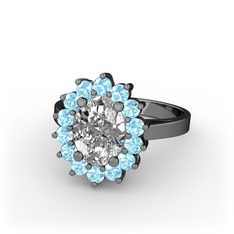 Eda Yüzük - Swarovski ve akuamarin 925 ayar siyah rodyum kaplama gümüş yüzük #1am715m