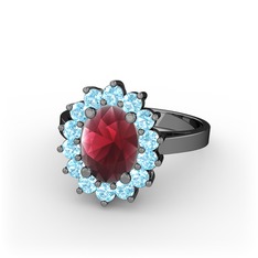 Eda Yüzük - Kök yakut ve akuamarin 925 ayar siyah rodyum kaplama gümüş yüzük #1b2g7si