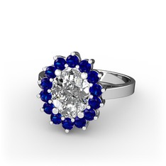 Swarovski ve lab safir 14 ayar beyaz altın yüzük