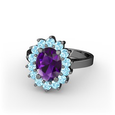 Eda Yüzük - Ametist ve akuamarin 925 ayar siyah rodyum kaplama gümüş yüzük #1i1k076