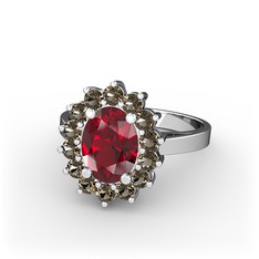 Garnet ve dumanlı kuvars 8 ayar beyaz altın yüzük