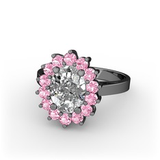 Eda Yüzük - Swarovski ve pembe kuvars 925 ayar siyah rodyum kaplama gümüş yüzük #1t9la4o