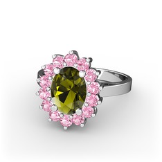 Peridot ve pembe kuvars 8 ayar beyaz altın yüzük
