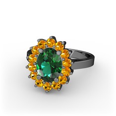 Eda Yüzük - Yeşil kuvars ve sitrin 925 ayar siyah rodyum kaplama gümüş yüzük #5nv7h9