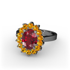 Garnet ve sitrin 925 ayar siyah rodyum kaplama gümüş yüzük