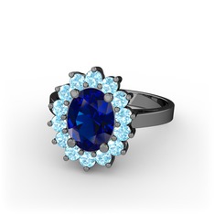 Lab safir ve akuamarin 925 ayar siyah rodyum kaplama gümüş yüzük